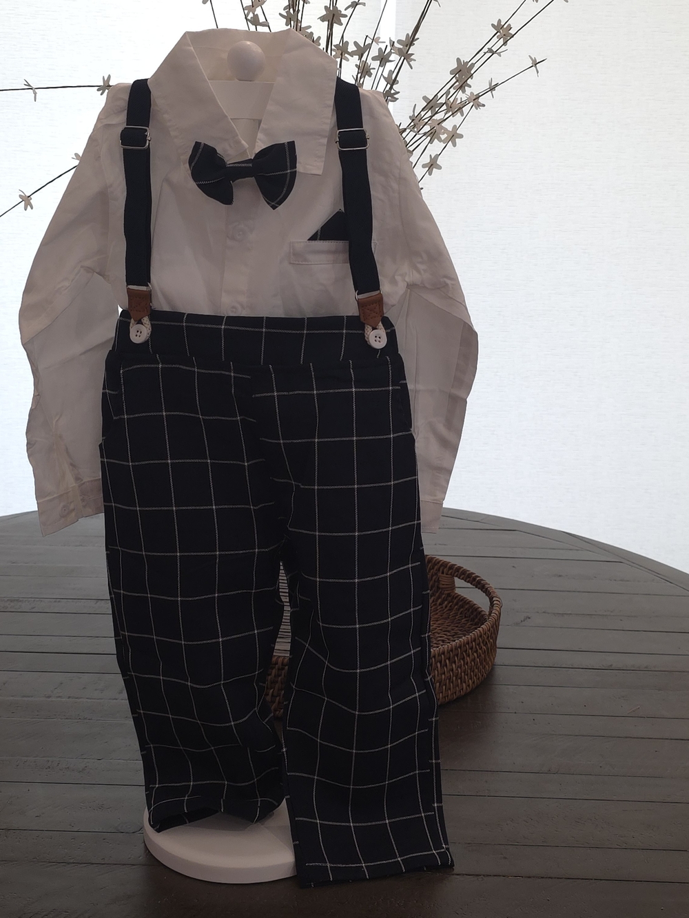 Boys Windowpane Pants with Suspenders & White Dress Shirt Set
